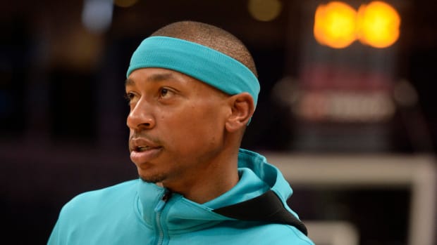 Charlotte Hornets guard Isaiah Thomas (4) prepares to warm up before the game against the New York Knicks at the Spectrum Center.